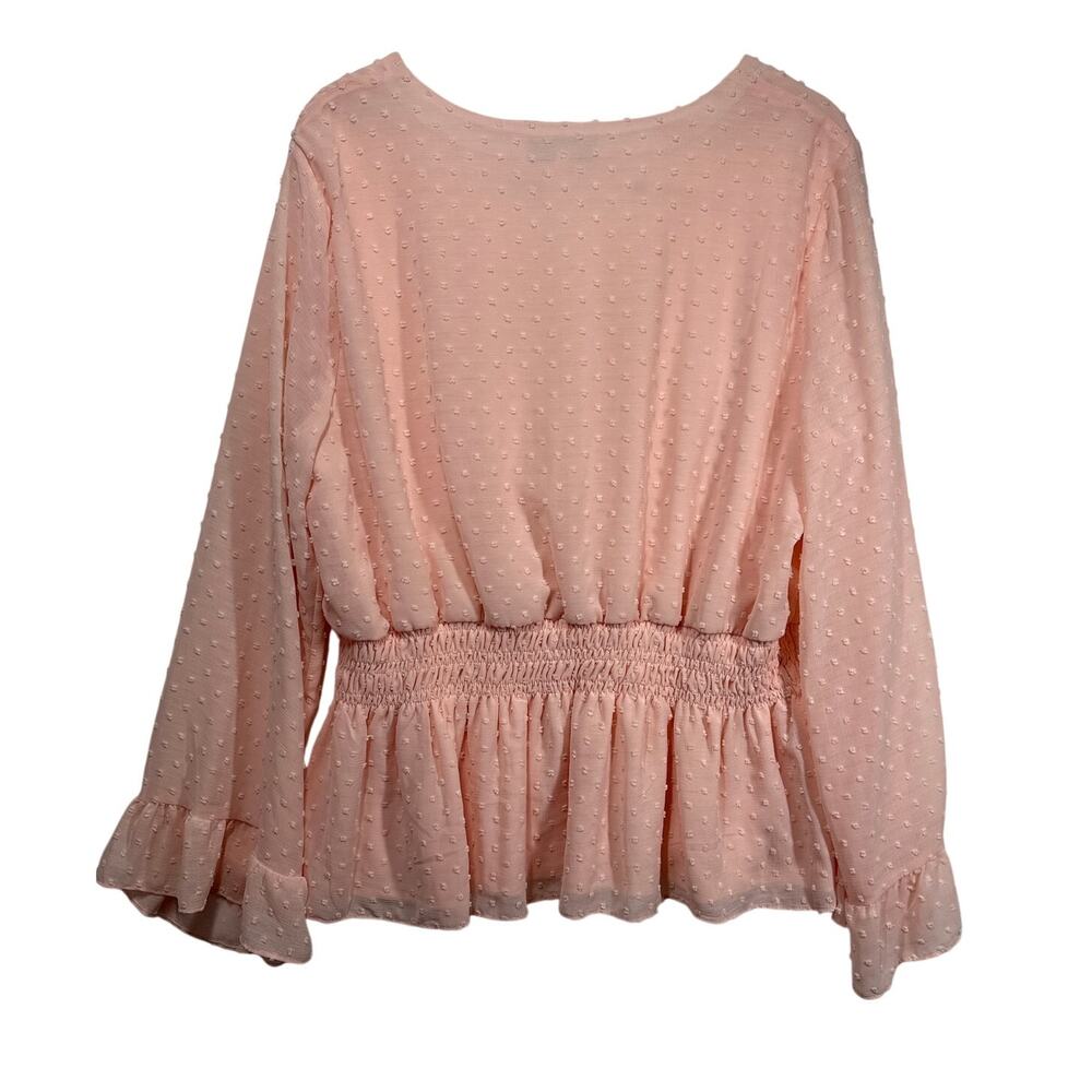 Fever Smocked Waist Long Bell-Sleeve Clip-Dot Blouse Top Pink Sz XL Cottagecore - Picture 6 of 12